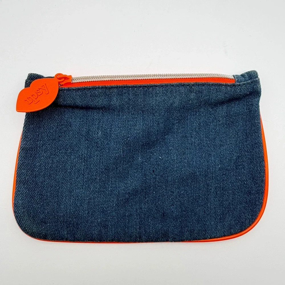 Ipsy Denim Makeup Bag Cosmetic Pouch Orange Lining‎ Zipper Glam Bag